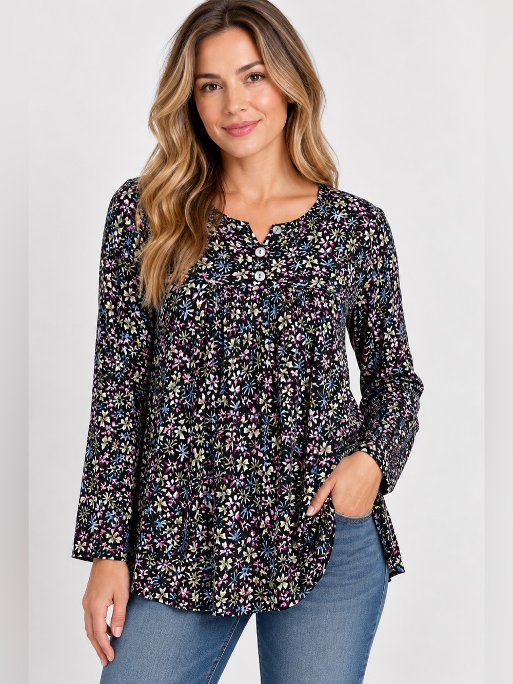J. Jill Women’s L Black Multicolor Floral Split Neck Button Tunic Blouse Rayon